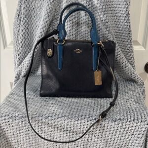 Coach Deep Navy Blue Satchel with Blue Green Top Handles and Gold Hardware